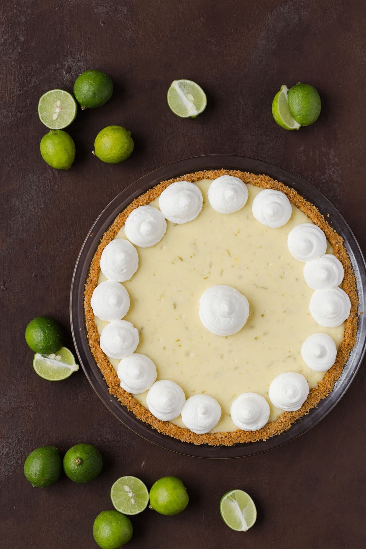 key lime cheesecake pie in glass dish