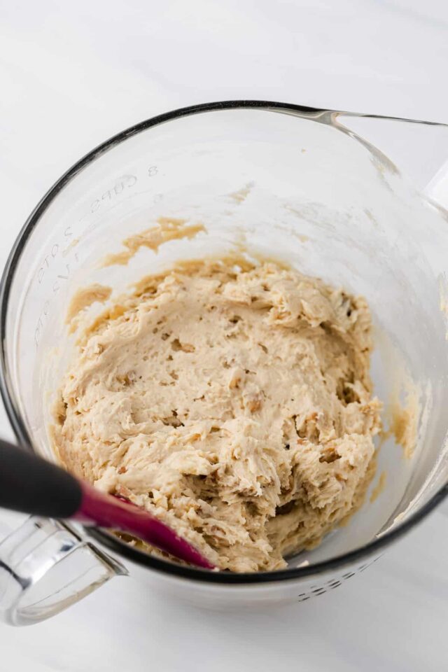 Banana nut bread cookie batter in a mixing bowl