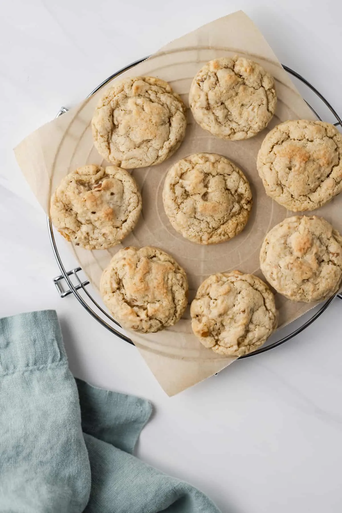 Overhead view of banana bread cookies on a plate