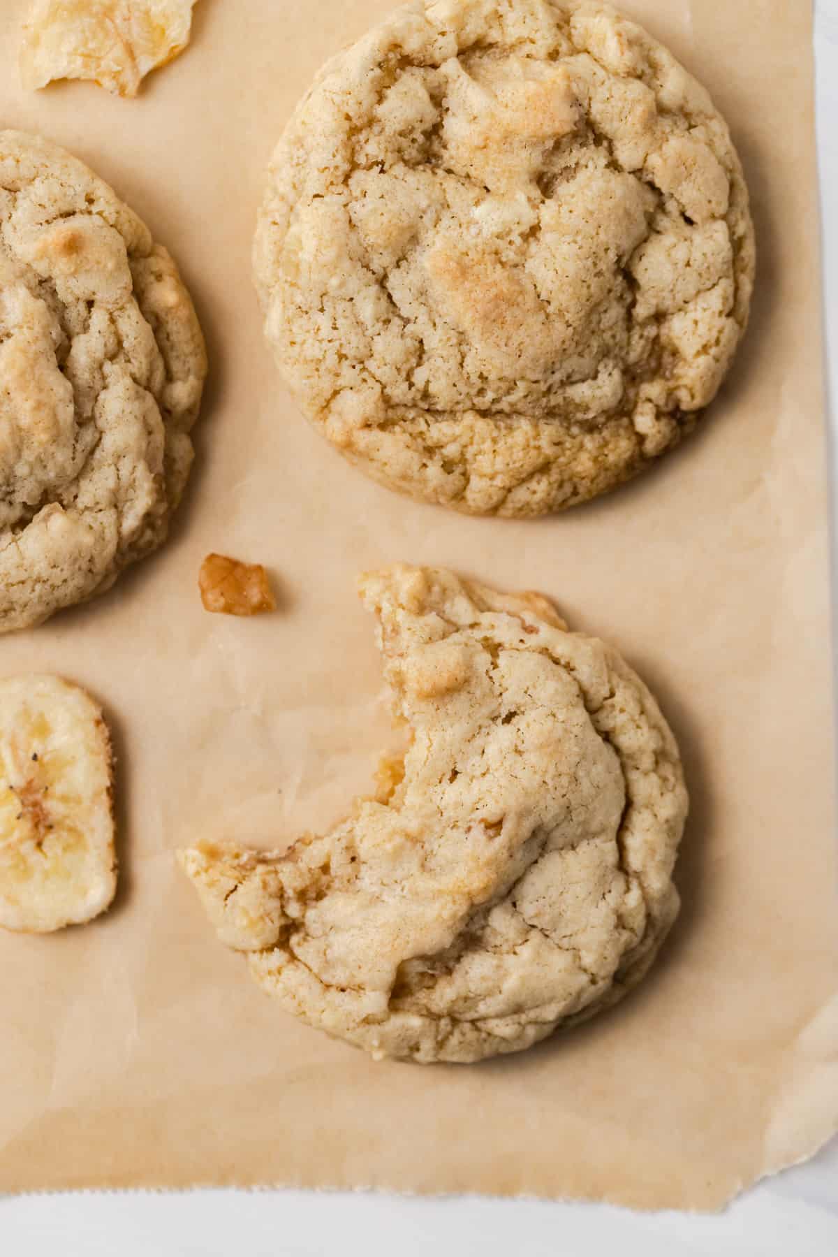 Banana nut bread cookies with one bite missing from one