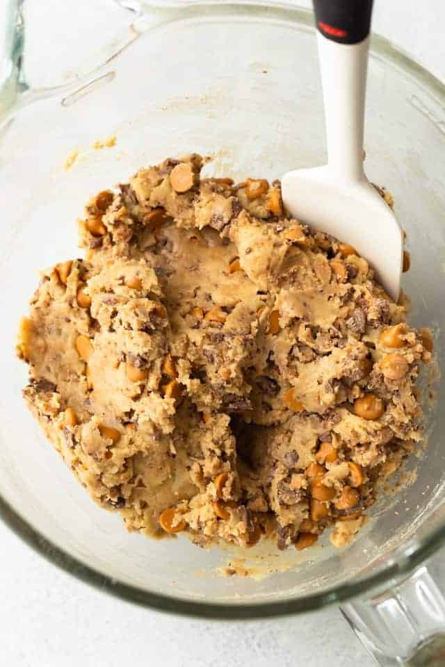butterscotch toffee cookie dough in a glass bowl