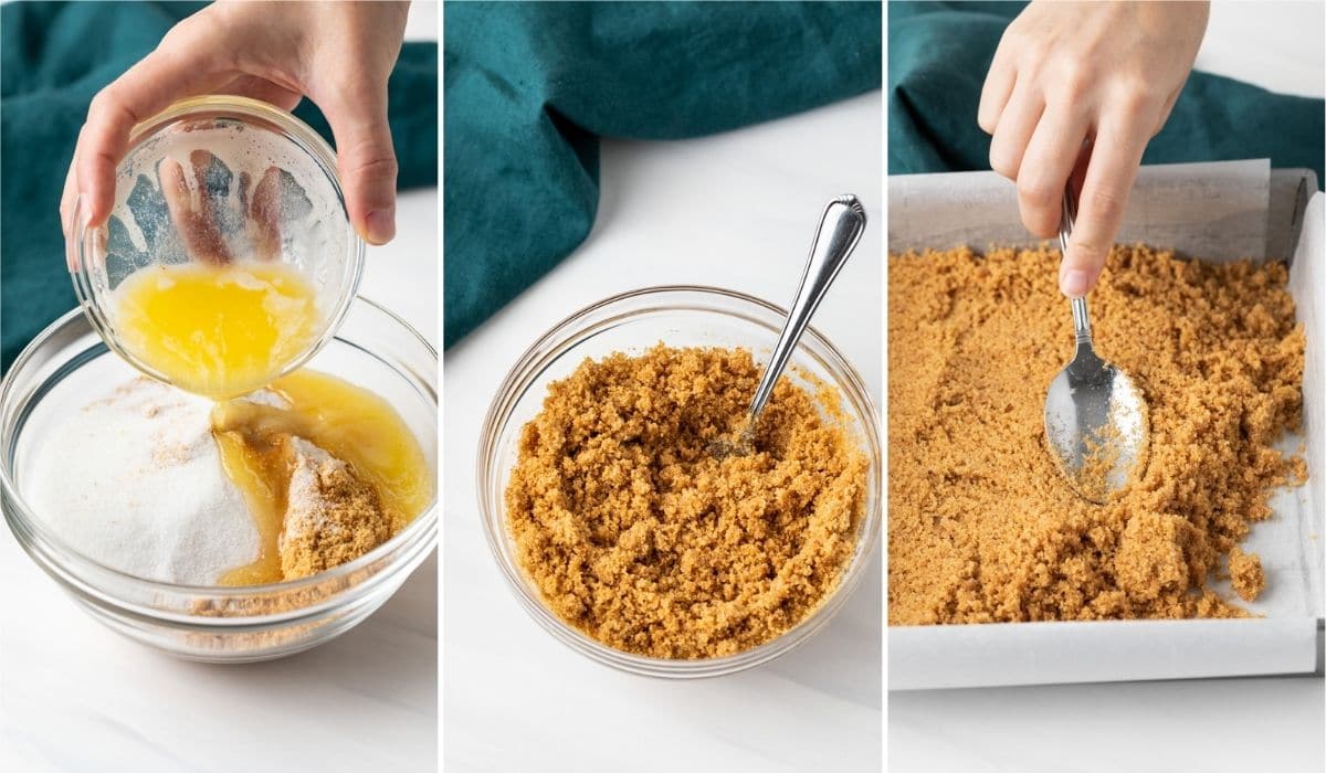 melted butter poured into bowl of gingersnap crumbs and sugar, bowl of those ingredients fully combined, and  combined ingredients being pressed into pan lined with parchment paper