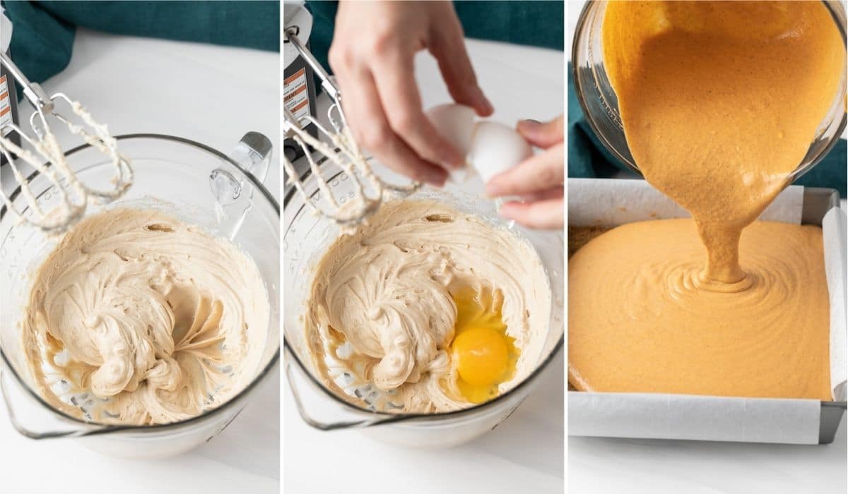 creamed sugar and cream cheese in glass bowl, egg added to creamed mixture, and pumpkin bar filling being poured over baked crust