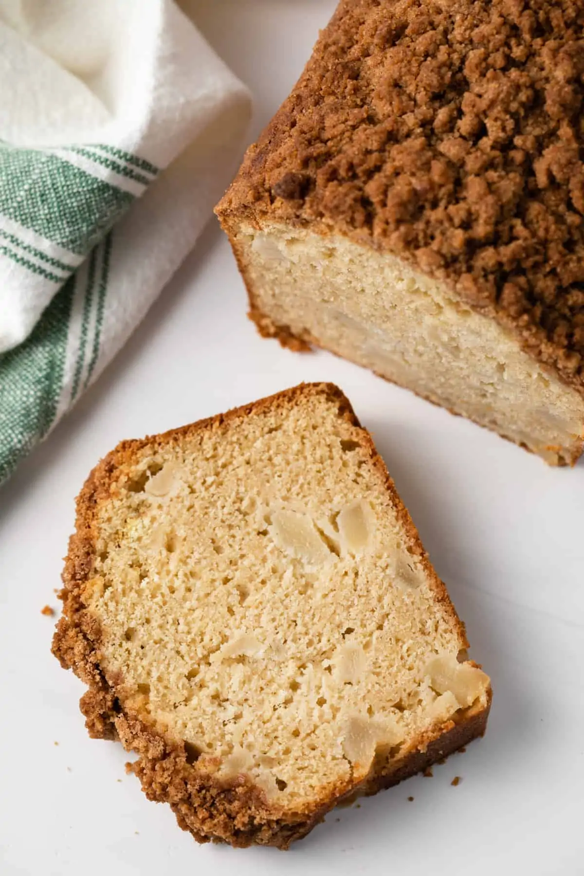 Overhead view of a slice of pear bread