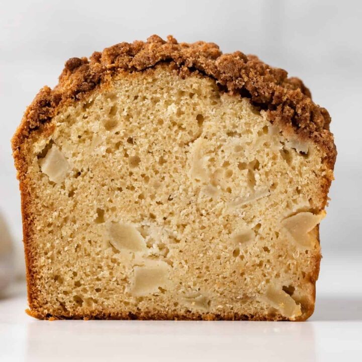 Front view of a spiced pear bread loaf
