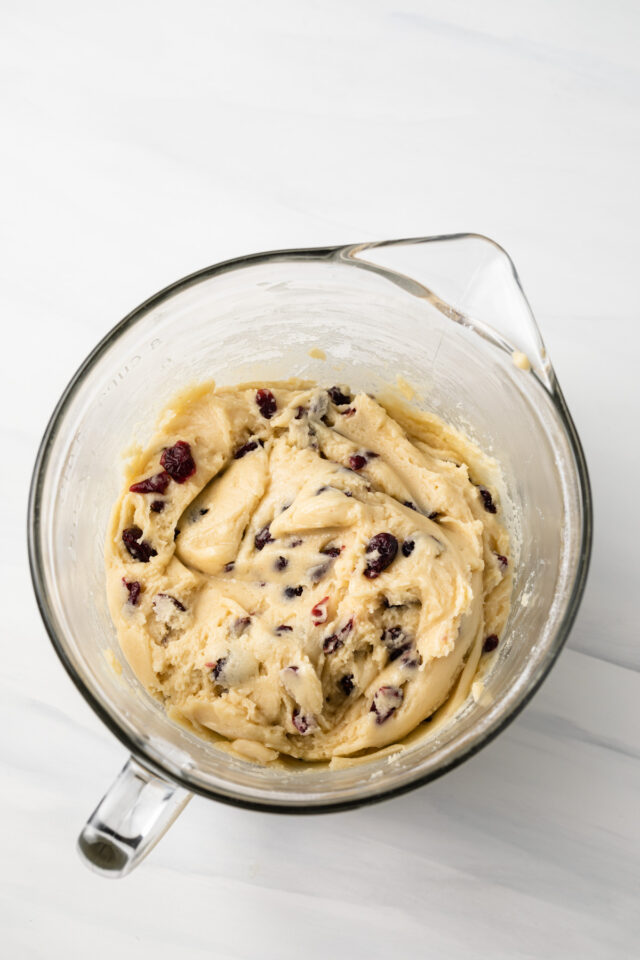 Orange cranberry biscotti dough in a mixing bowl