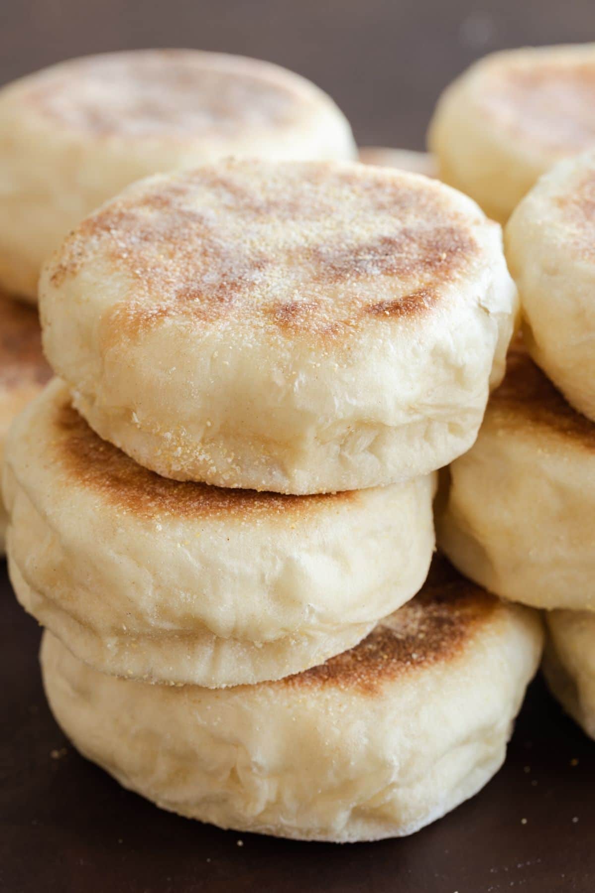 Homemade English muffins stacked