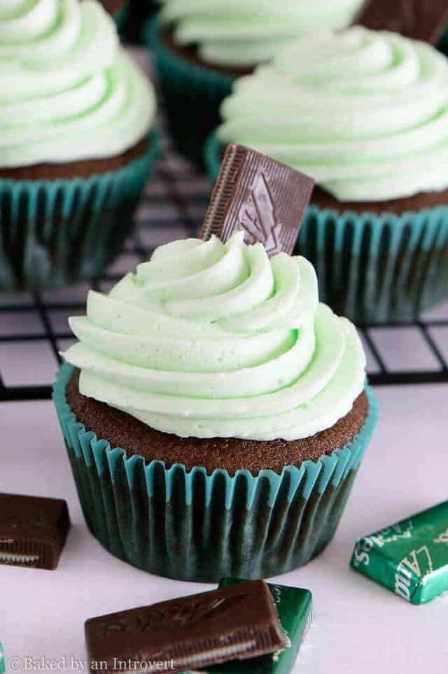 Chocolate mint cupcakes with Andes mint candies.