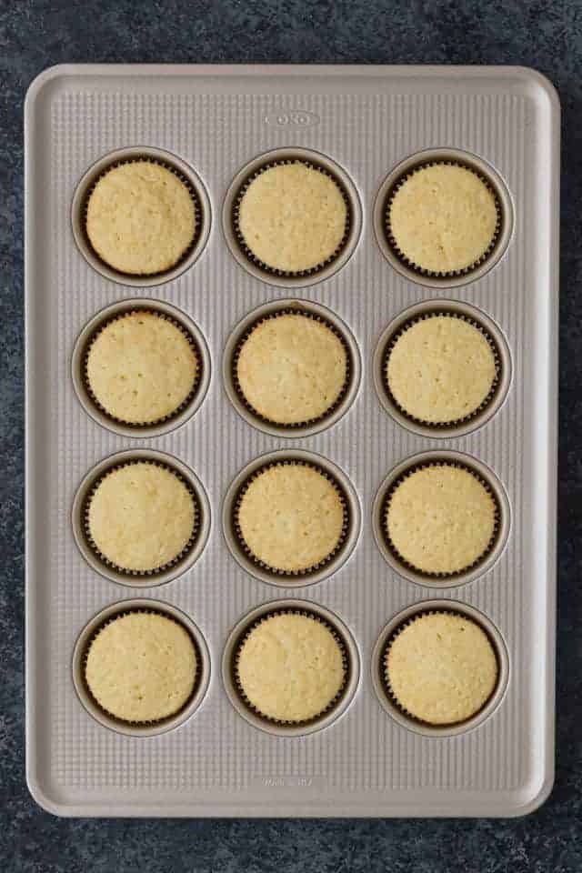 Vanilla cupcakes in a muffin pan.