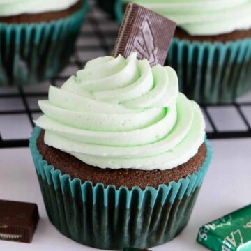 Chocolate mint cupcakes with Andes mint candies.
