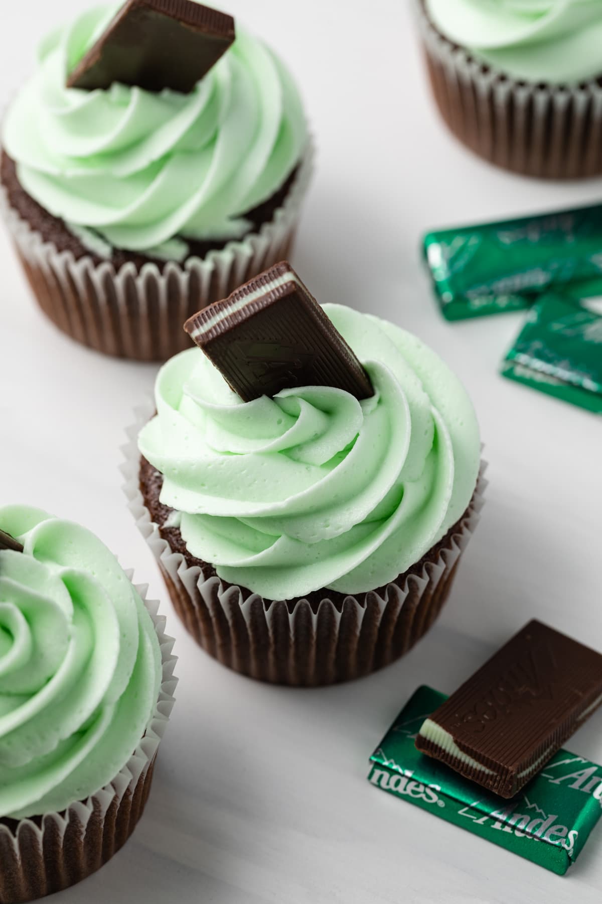 Andes mint cupcakes on tabletop.