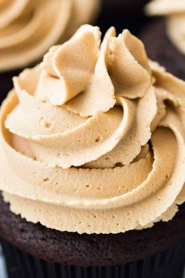 Super close view of a Biscoff Cookie Butter Frosting swirl.