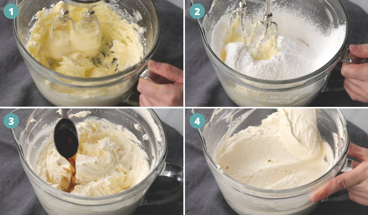 process shots showing how to make Dr Pepper cupcake frosting