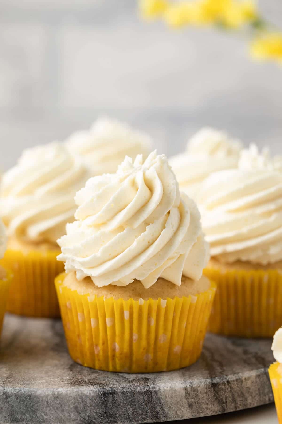 Close up of pineapple cupcakes.