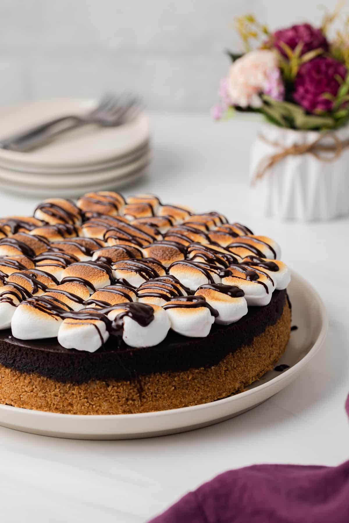 S'mores cheesecake on white plate.