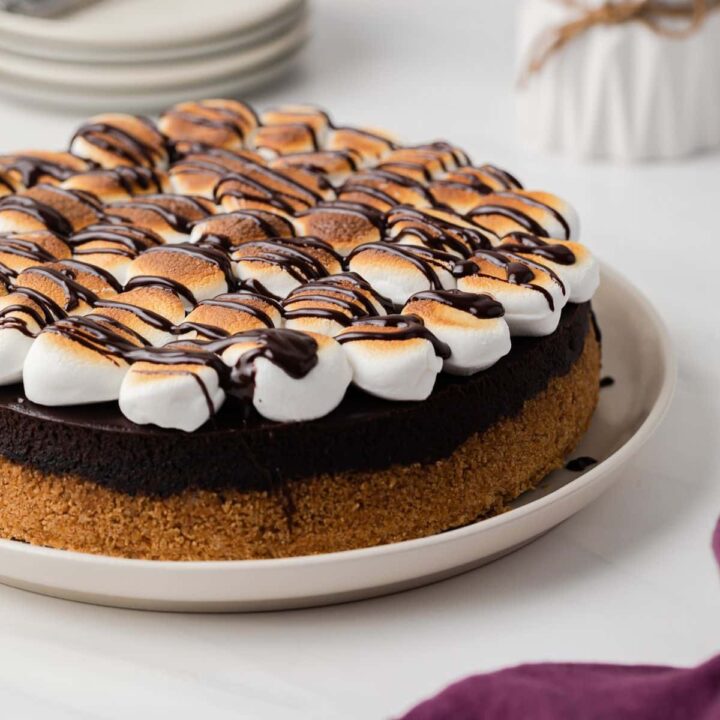 S'mores cheesecake on white plate.