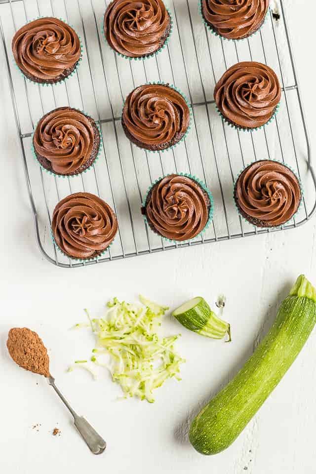 Overhead view of Chocolate Zucchini Cupcakes on a wire cooling rack.
