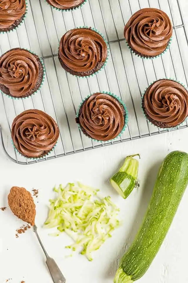 Chocolate Zucchini Cupcakes on a wire cooling rack.