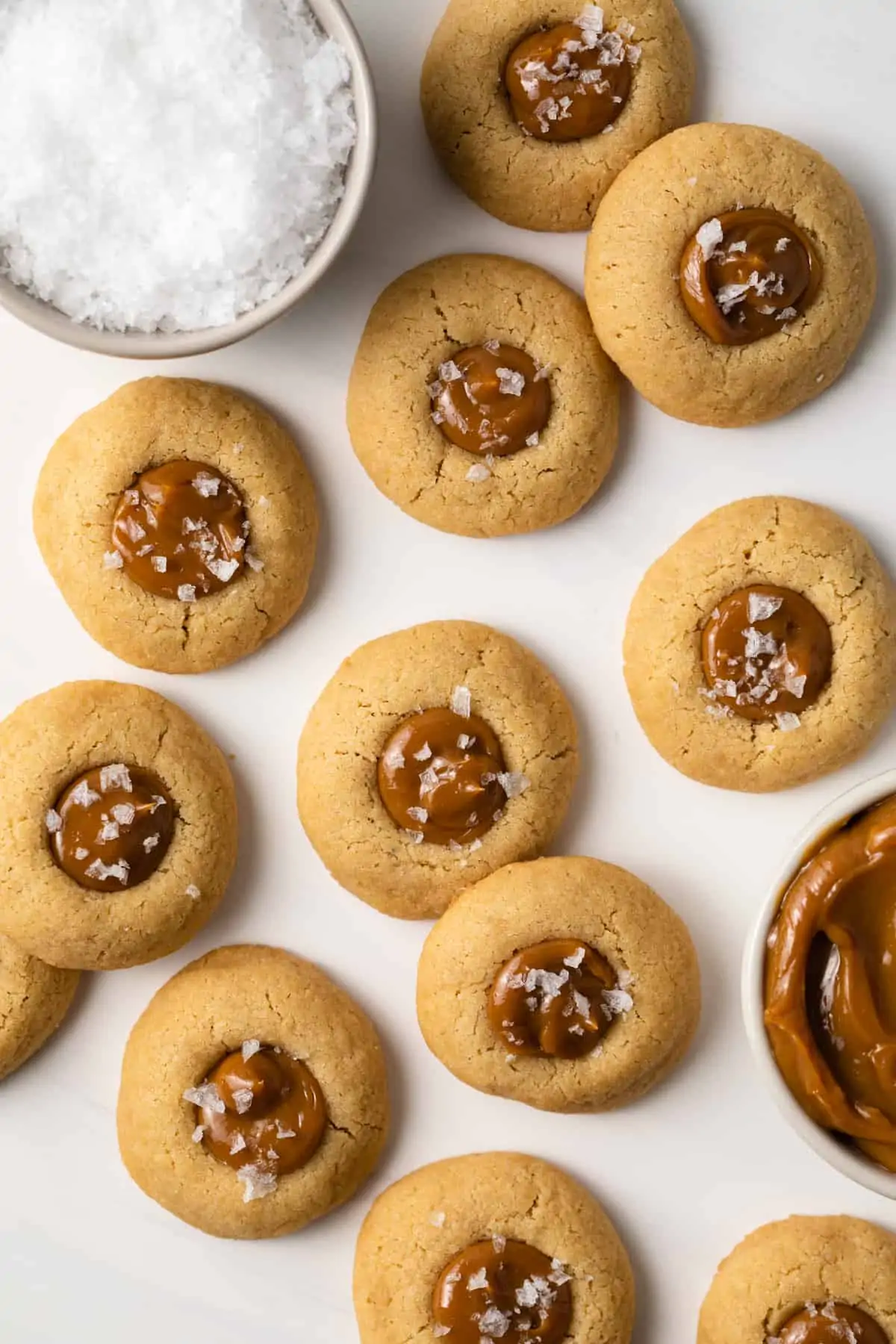 Overhead view of dulce de leche thumbprint cookies