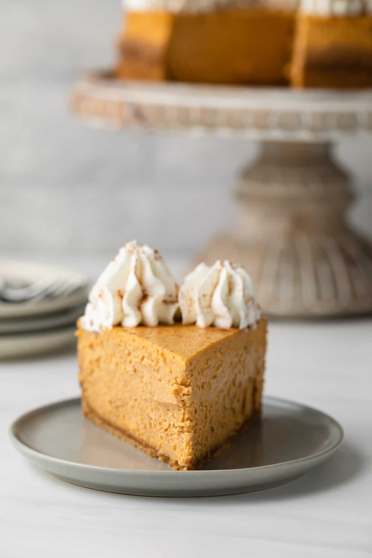 Slice of pumpkin cheesecake on a plate.
