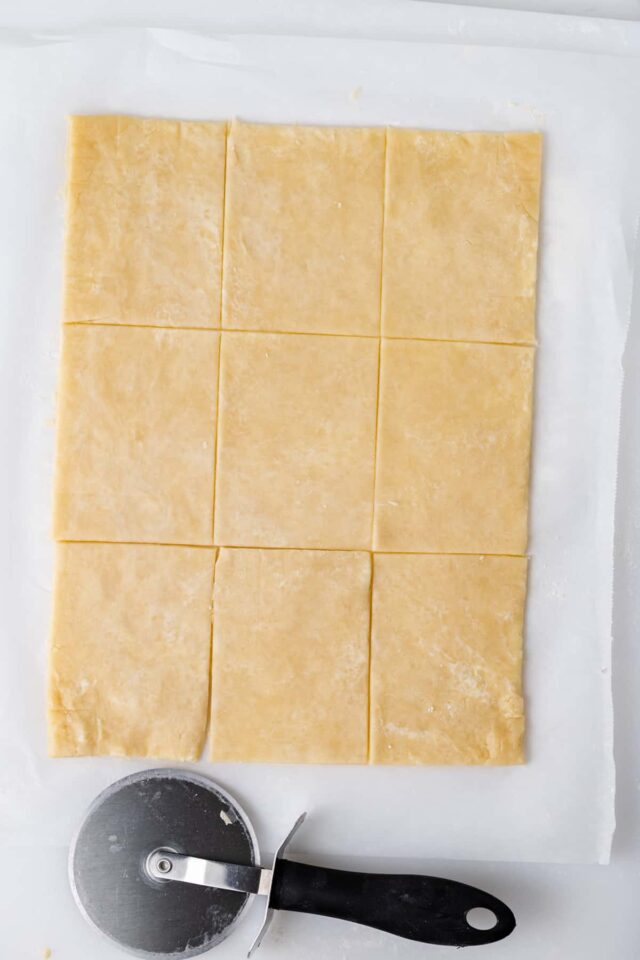 Pastry dough rolled into a rectangle and cut into small rectangles