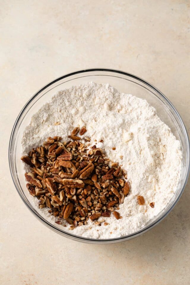 Pecans on top of a flour mixture