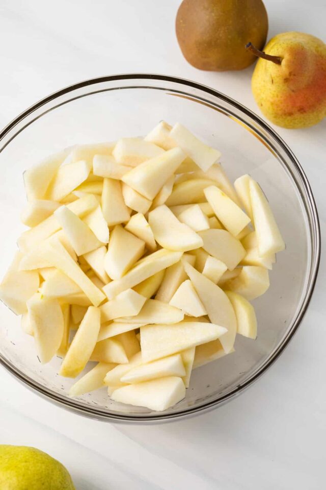 Chopped pears in a glass bowl