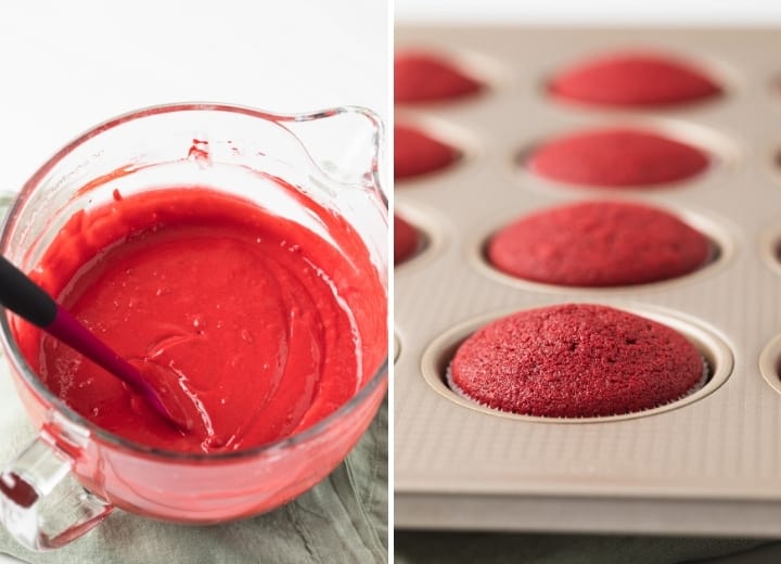 red velvet cake batter in a glass bowl and baked red velvet cupcakes in a muffin pan