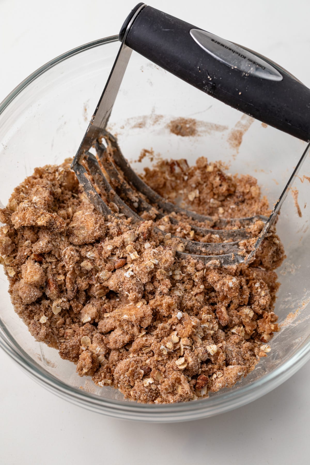 Streusel topping for coffee cake in glass bowl.