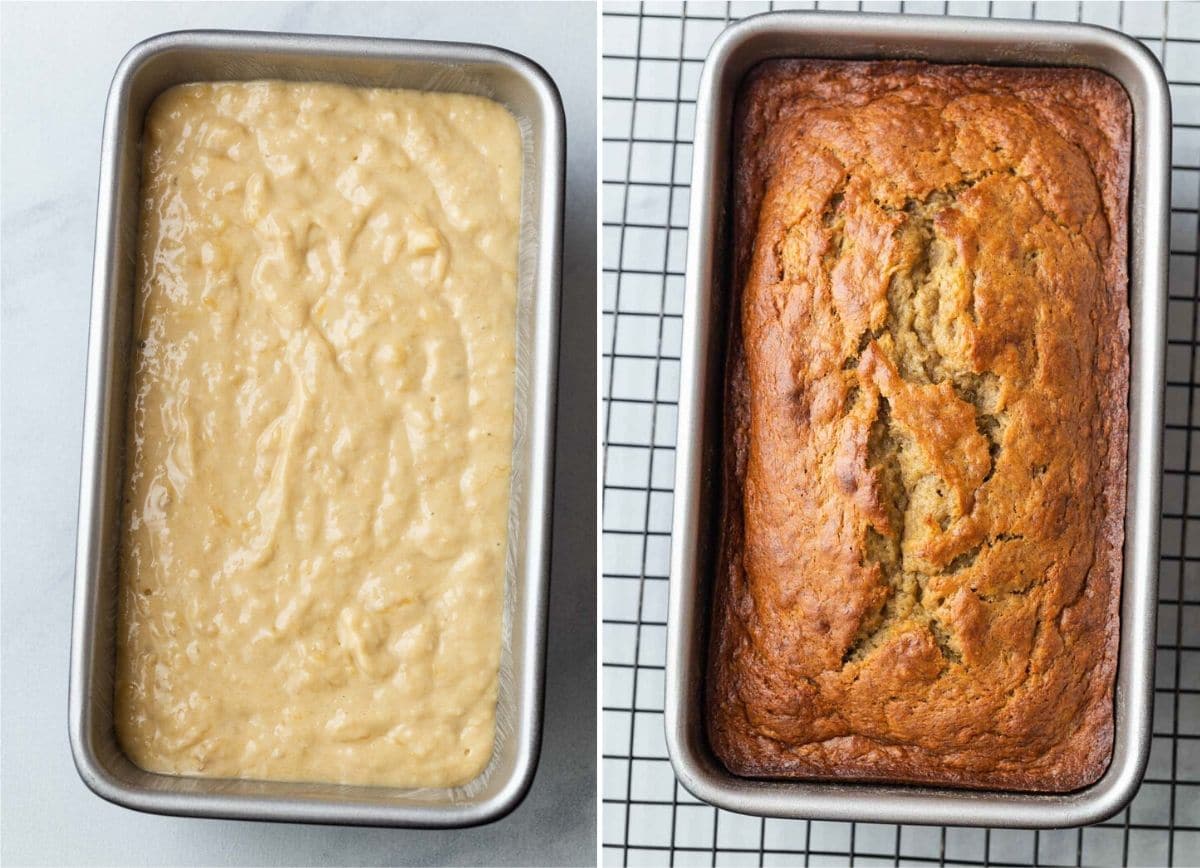 Unbaked and baked banana bread in loaf pans.