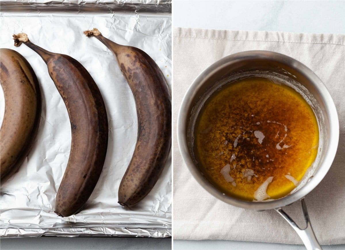 Roasted bananas on a pan lined with foil and a pot of brown butter.