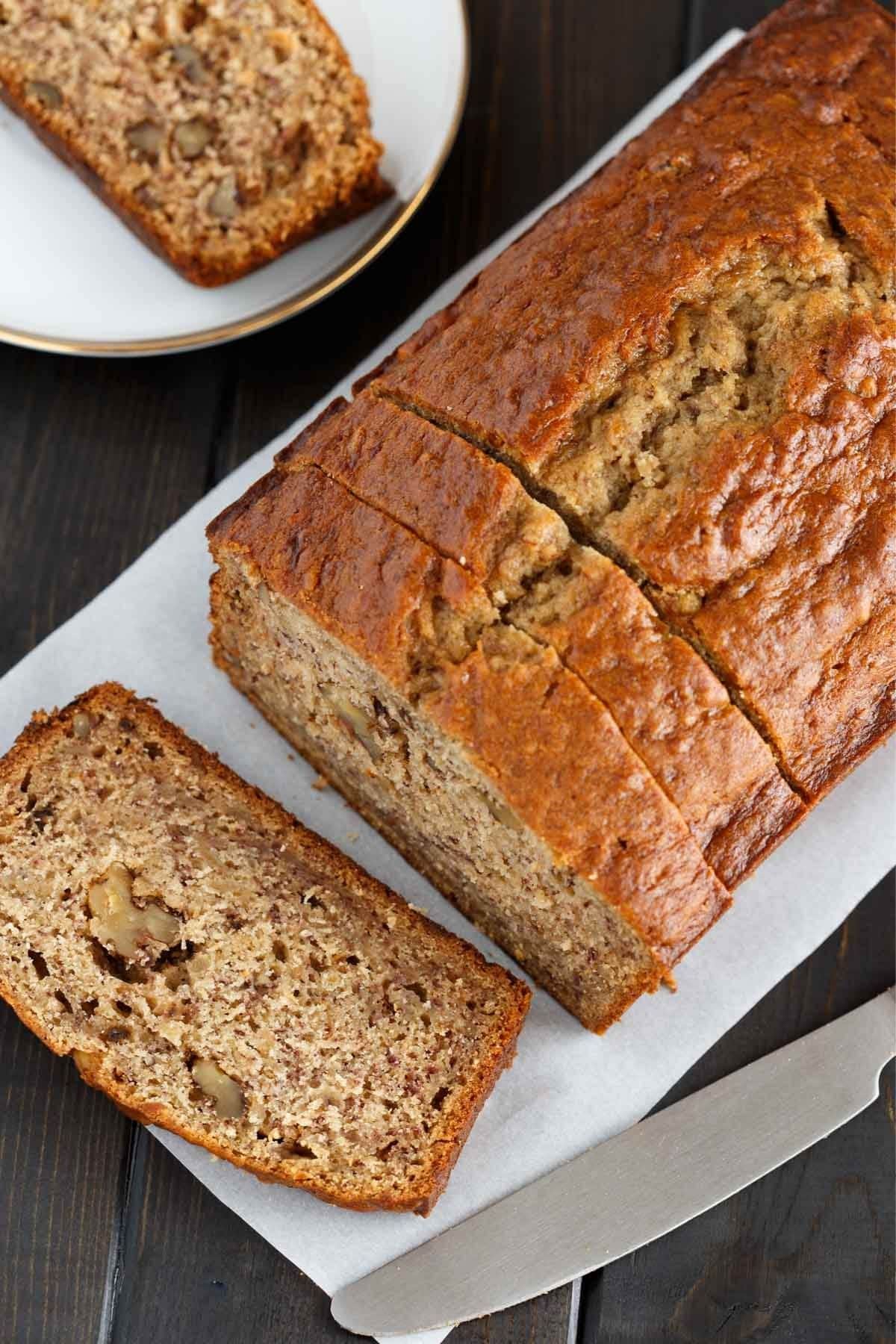 Loaf of banana bread sliced.