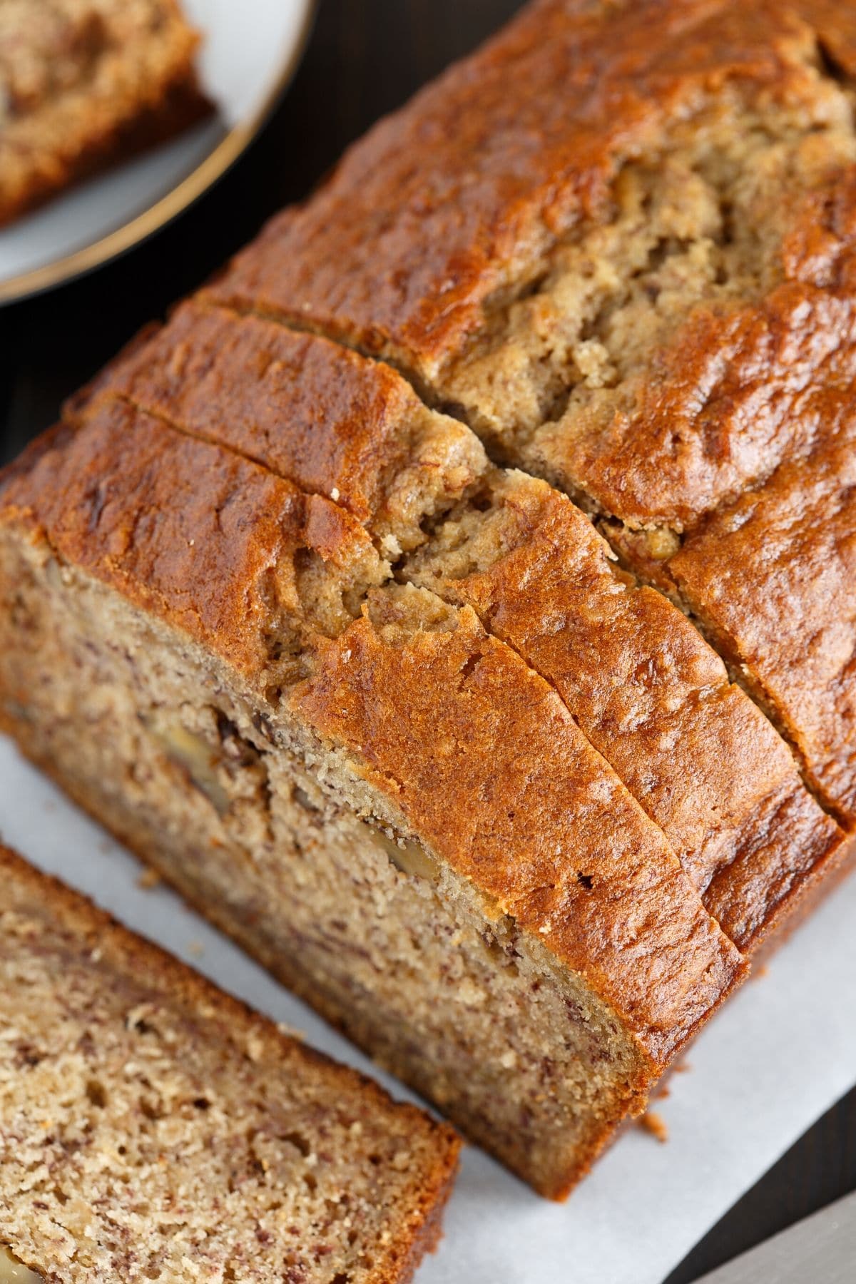 Close up of sliced banana bread.