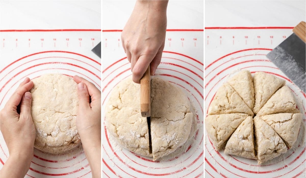 scone dough shaped into a disk, cut dough disk in half, eight triangles cut from scone dough