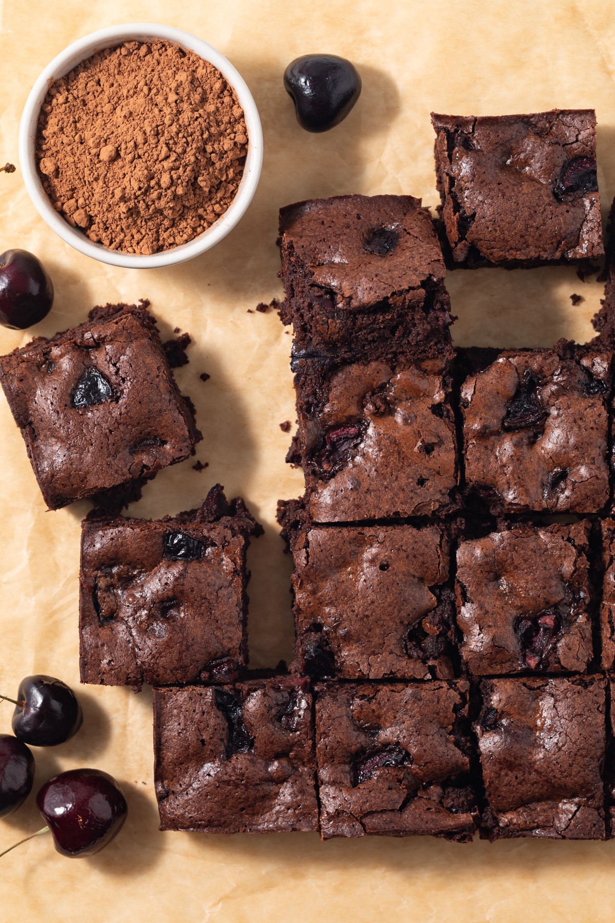 Overhead of chocolate cherry brownies.