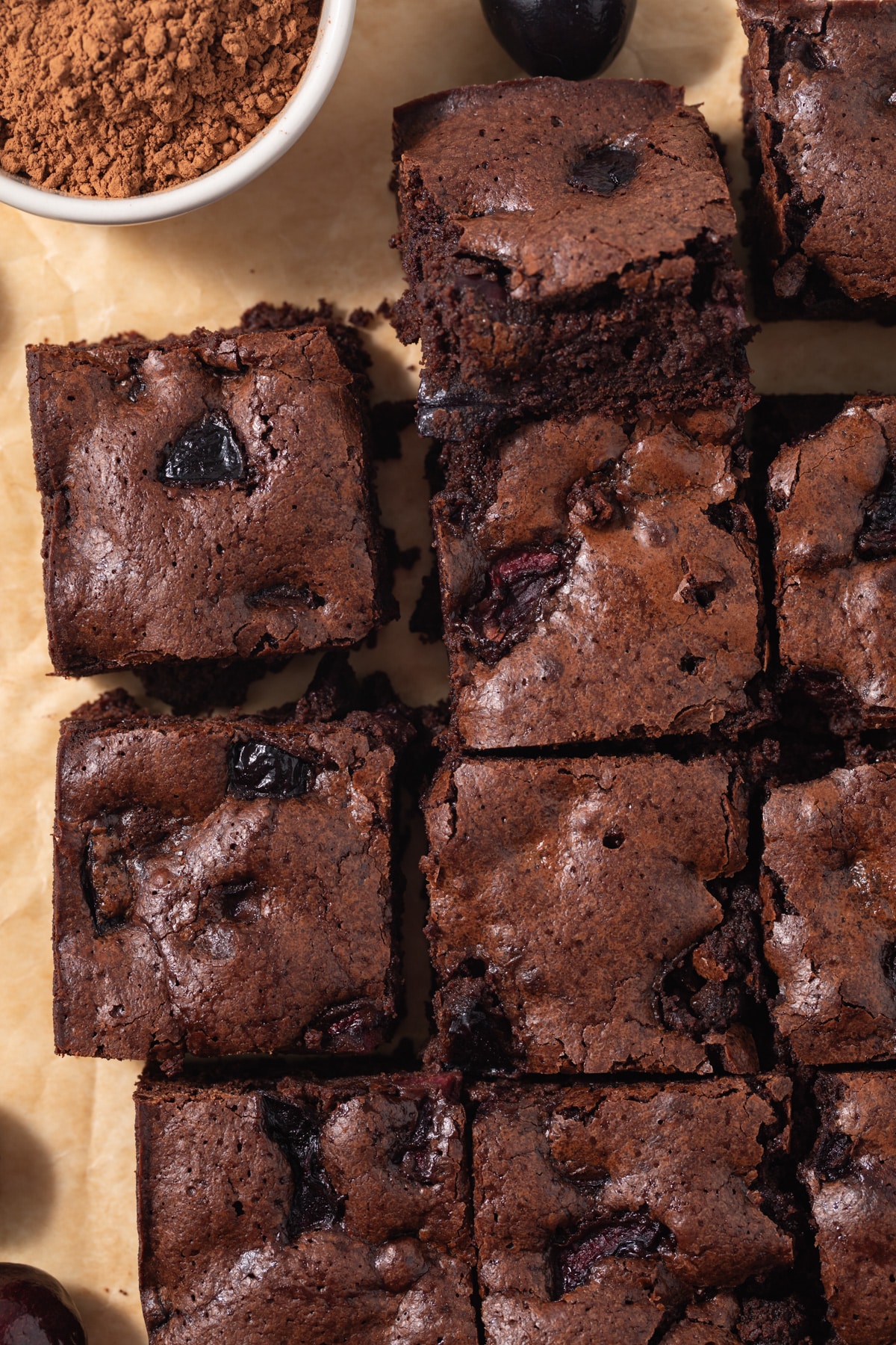 Overhead close up of chocolate cherry brownies.