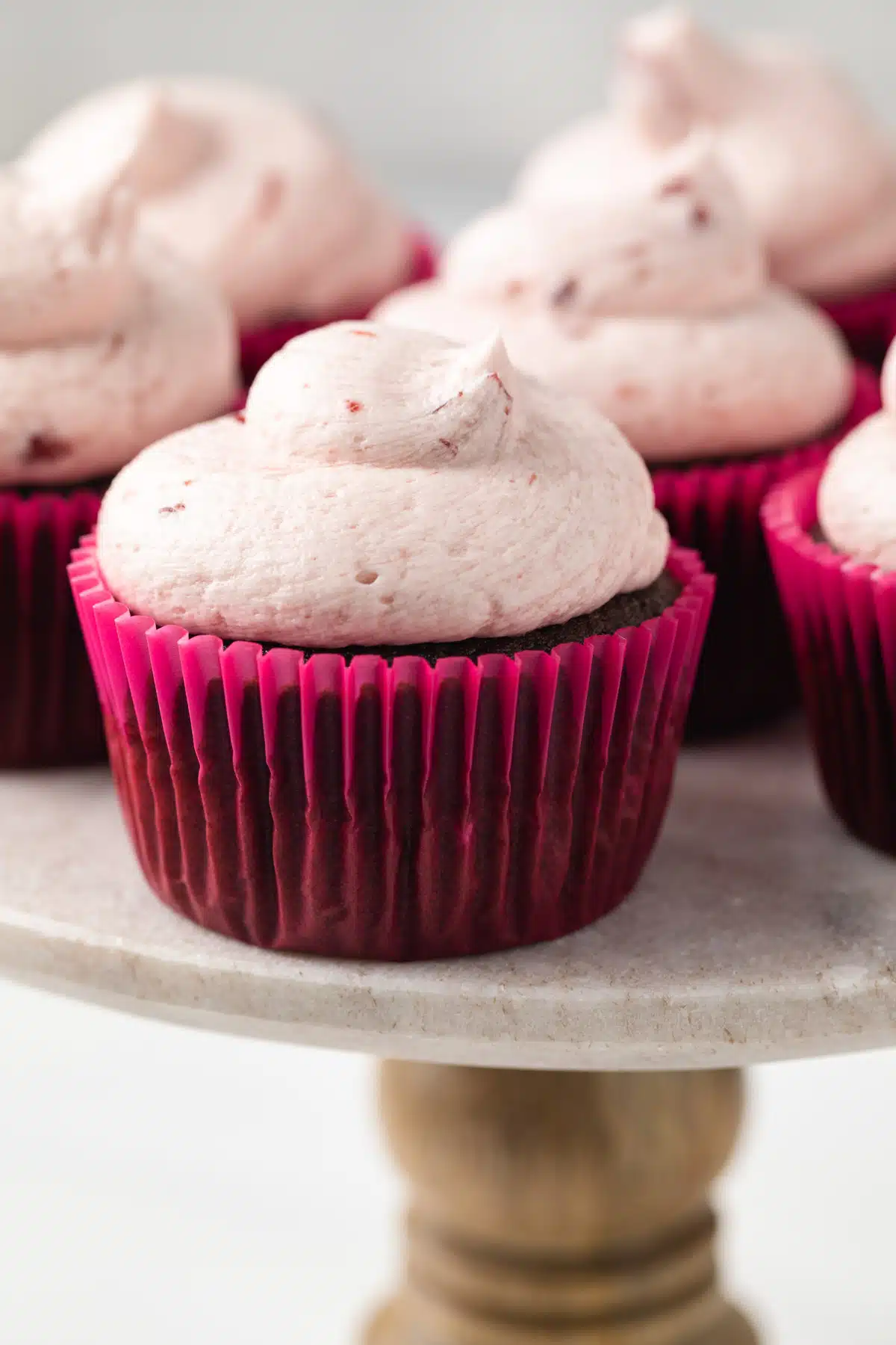 Close up of chocolate cherry cupcakes.