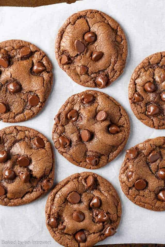 Overhead view of Double Chocolate Chip Nutella Cookies on white parchment paper.