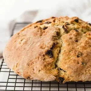 Front view of Irish soda bread on a wire rack.