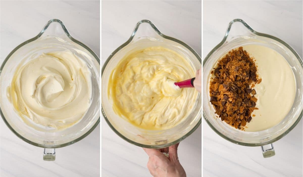 Process shots showing how to make butterfinger cheesecake filling.