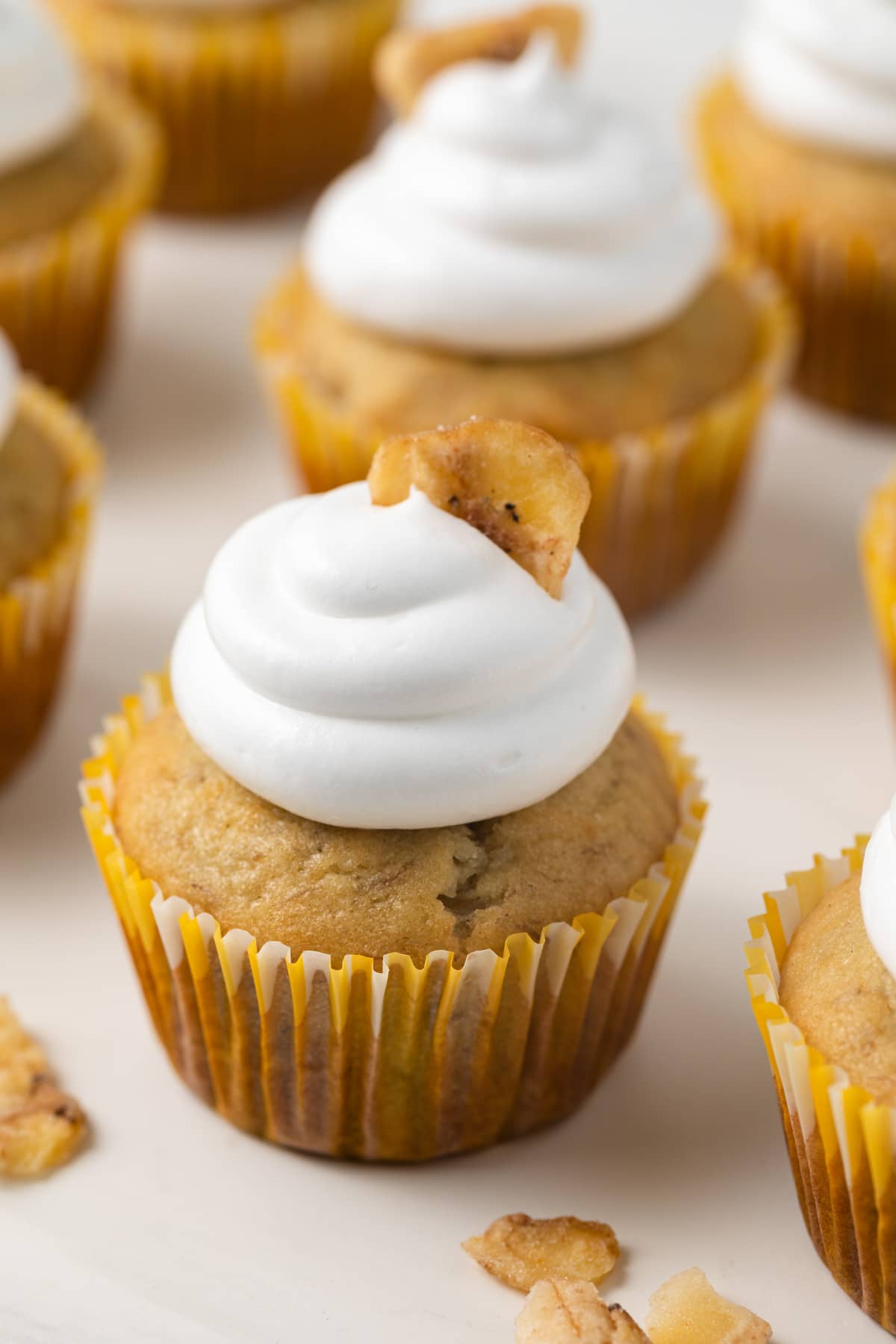 High angled view of banana pudding cupcakes.