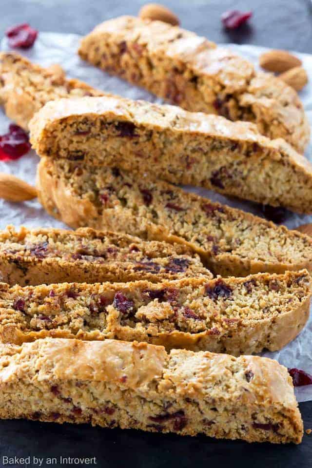 close up of cherry almond biscotti