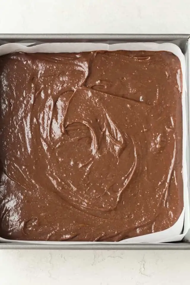 Nutella brownie batter in pan