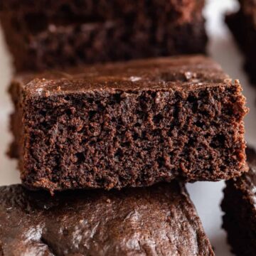 Close up of vegan brownies made with avocado, coconut sugar, and coconut milk
