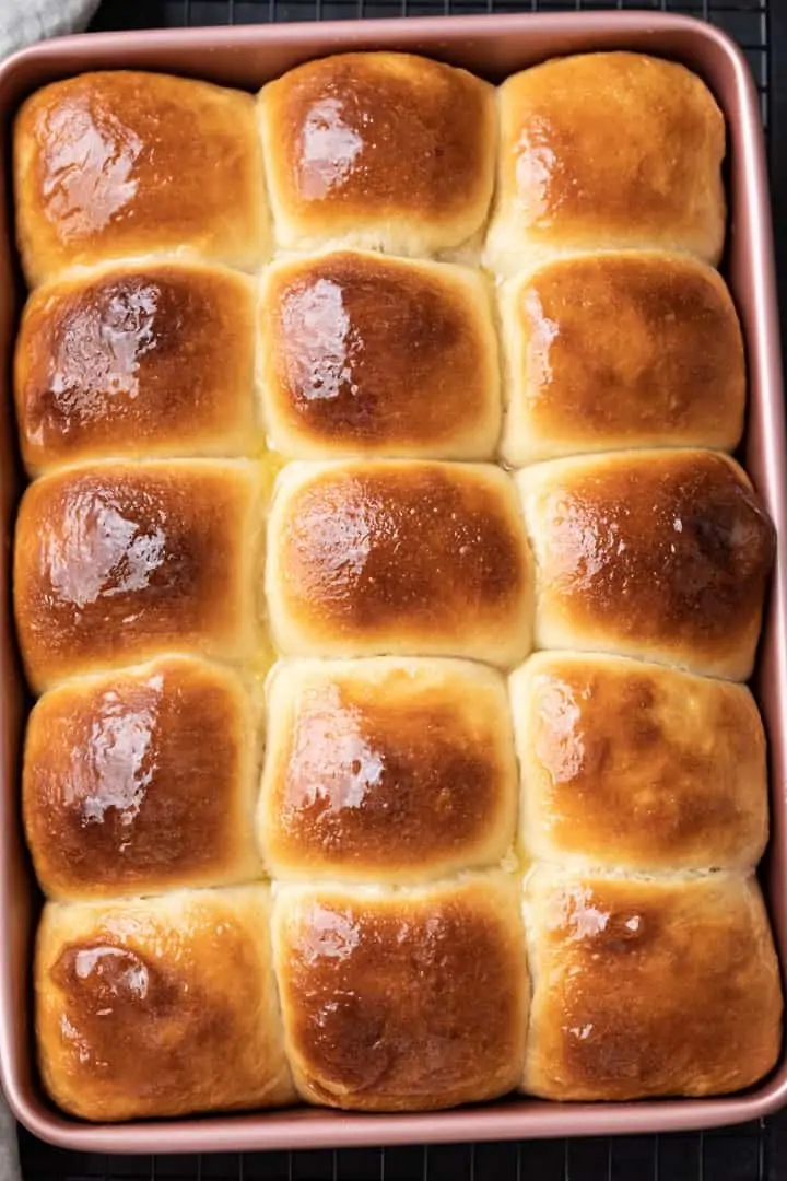 Overhead view of Hawaiian Sweet Rolls in a baking pan