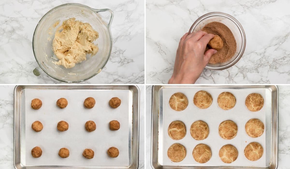 four process images showing snickerdoodle cookie dough in glass bowl, rolls dough ball in cinnamon sugar, unbaked cookie dough balls on baking sheet, and baked cookies on baking sheet