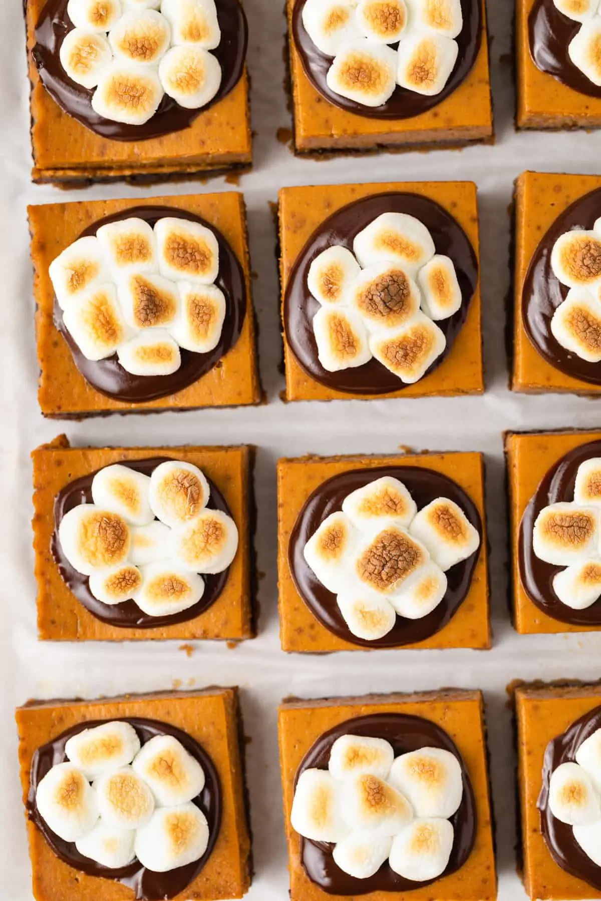 Pumpkin s'mores bars topped with toasted marshmallow