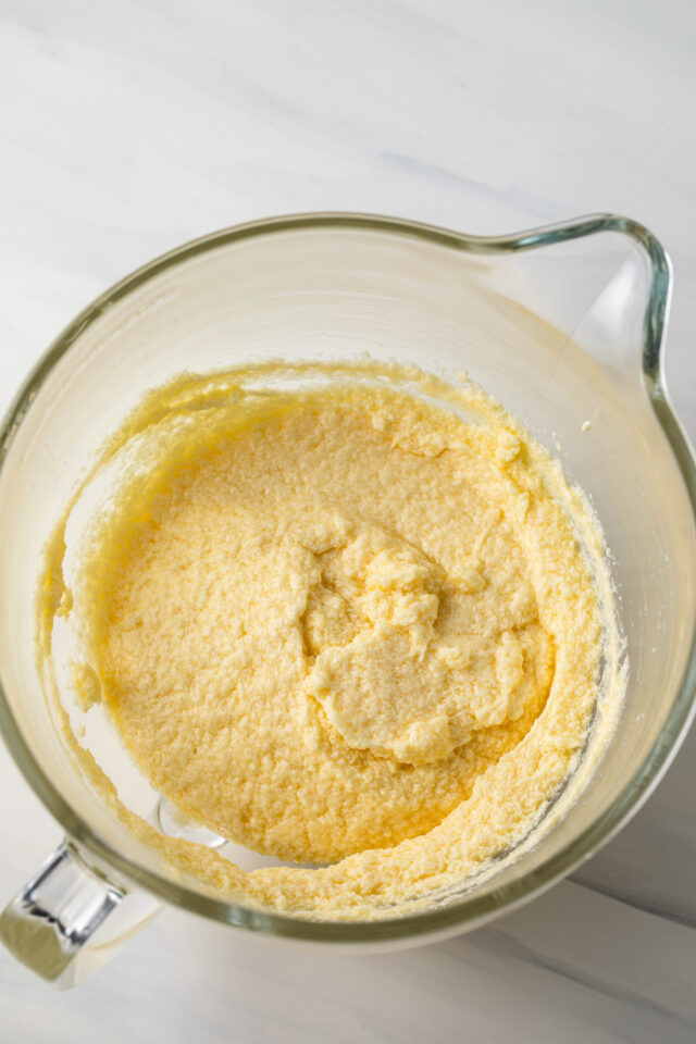 Whipped sugar and butter in a mixing bowl