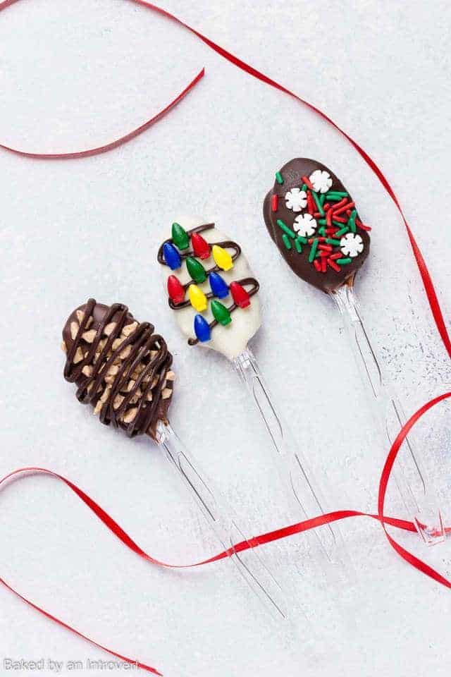 Chocolate Espresso Spoons decorated with festive sprinkles.