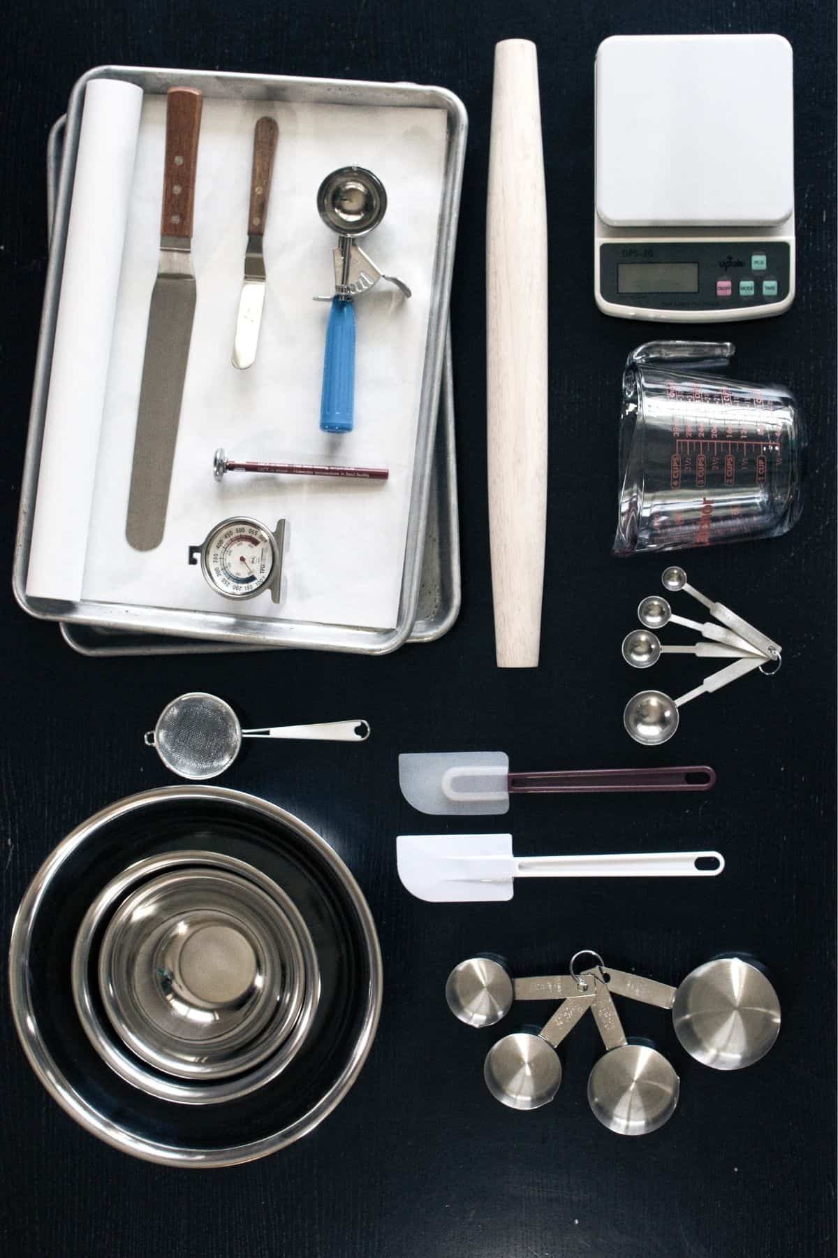 Overhead view of essential baking tools.